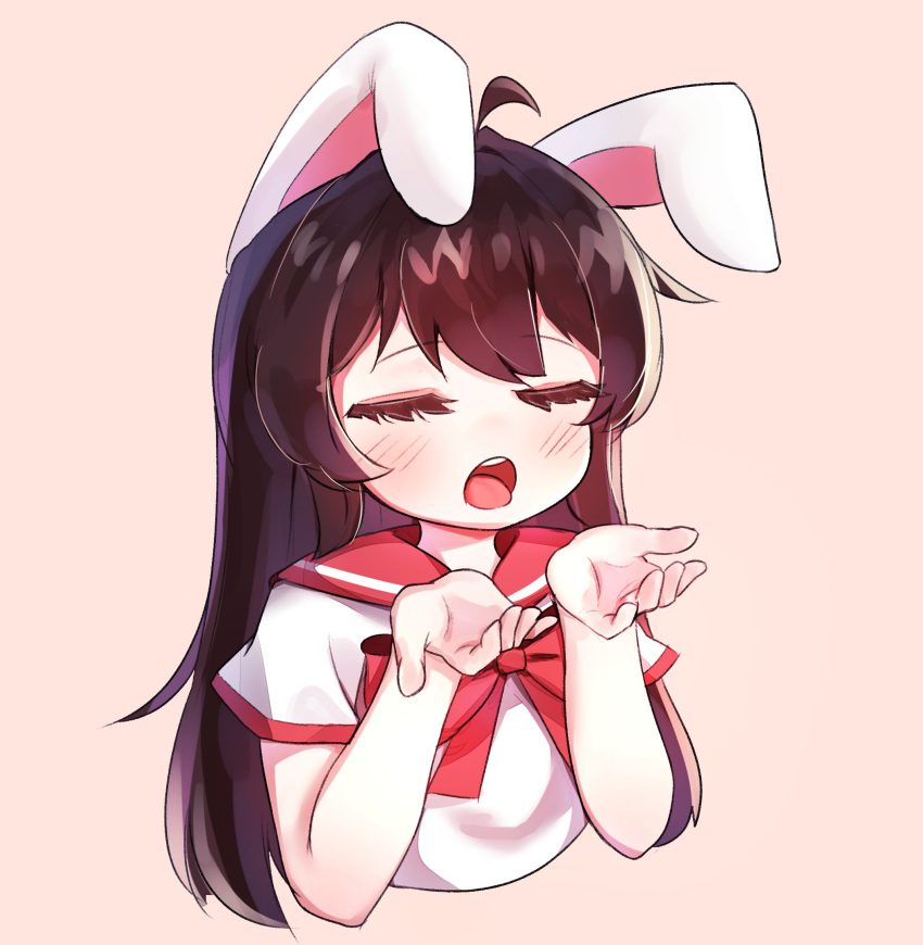 1girl animal_ears brown_hair closed_eyes hands_up highres kosobin long_hair open_mouth original pink_background rabbit_ears school_uniform serafuku shirt simple_background solo tongue tongue_out upper_body white_shirt