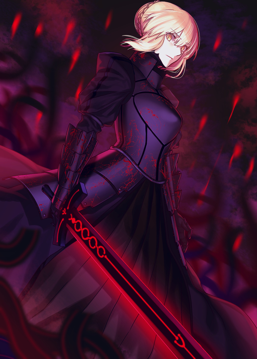 1girl armor armored_dress arms_at_sides artoria_pendragon_(all) black_dress blonde_hair blood bloody_clothes blurry blurry_background breastplate closed_mouth depth_of_field dress dutch_angle expressionless eyebrows_visible_through_hair fate/stay_night fate_(series) faulds feet_out_of_frame gauntlets glowing glowing_sword glowing_weapon hair_bun highres holding holding_sword holding_weapon lip-mil pale_skin saber_alter sidelocks solo standing sword v-shaped_eyebrows weapon yellow_eyes