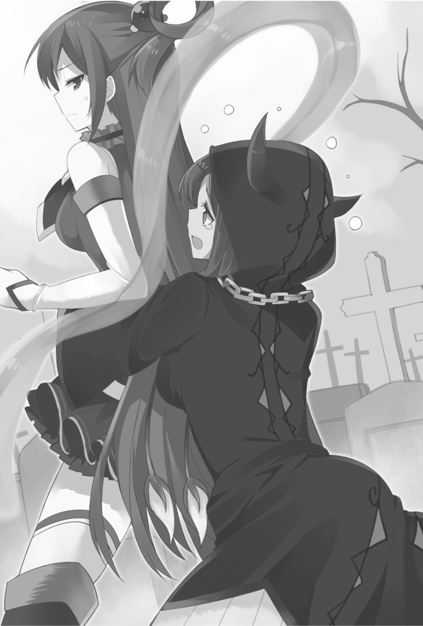 2girls annoyed aqua_(konosuba) boots detached_sleeves from_behind graveyard greyscale highres hood hood_up hooded_coat horns kono_subarashii_sekai_ni_shukufuku_wo! long_hair long_sleeves looking_back miniskirt mishima_kurone monochrome multiple_girls necktie novel_illustration official_art open_mouth skirt sweatdrop tears thigh-highs thigh_boots tied_hair very_long_hair