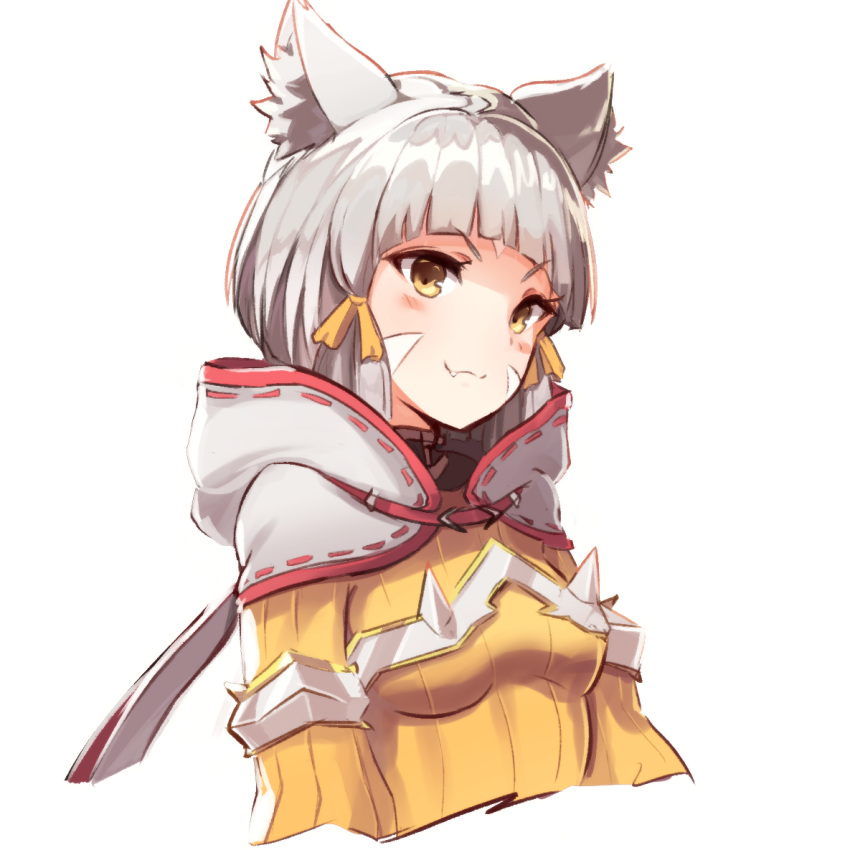 1girl :3 animal_ear_fluff animal_ears bangs blush bodysuit breasts cat_ears coolisushi eyebrows_visible_through_hair fang fang_out hair_ornament hood nintendo niyah short_hair silver_hair simple_background small_breasts smile smug solo white_background xenoblade_(series) xenoblade_2 yellow_bodysuit yellow_eyes