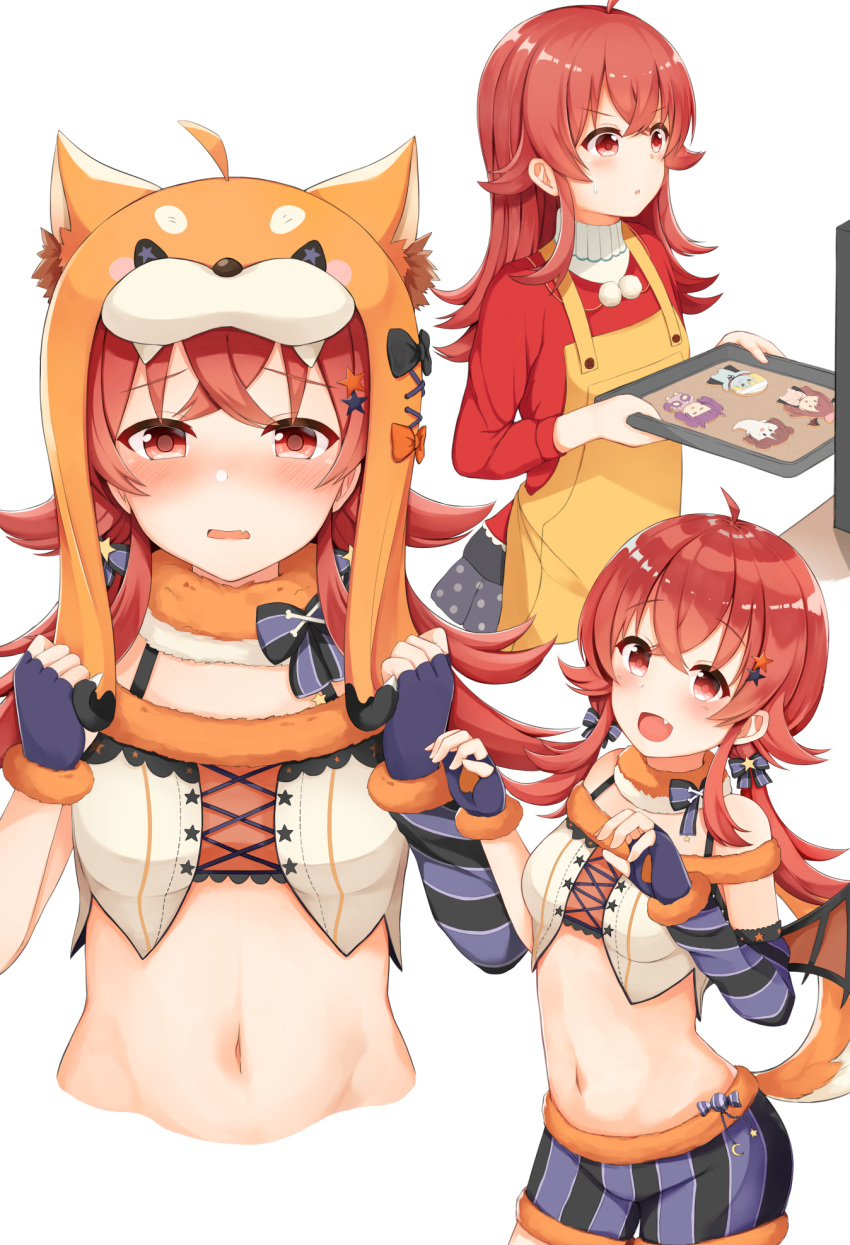 1girl :d ahoge animal_ears animal_hood apron baking_sheet bangs bare_shoulders black_bow blush bow breasts brown_hair collared_shirt commentary_request cookie crop_top dog_ears dog_hood eyebrows_visible_through_hair fang fingerless_gloves food fur-trimmed_shorts fur_trim gloves grey_skirt hair_between_eyes hair_ornament halloween hands_up highres holding hood idolmaster idolmaster_shiny_colors komiya_kaho long_hair long_sleeves looking_at_viewer low_twintails midriff navel noa_(letizia) open_mouth orange_bow parted_lips pleated_skirt polka_dot_skirt purple_gloves red_eyes red_shirt saijou_juri shirt short_shorts shorts simple_background skirt small_breasts smile sonoda_chiyoko star star_hair_ornament striped tail tail_raised tanaka_mamimi tsukioka_kogane twintails vertical-striped_shorts vertical_stripes white_background yellow_apron