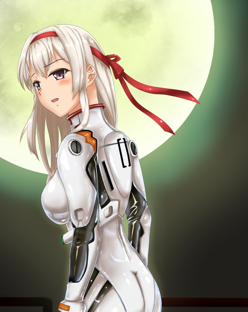 absurdres ayanami_rei ayanami_rei_(cosplay) bodysuit breasts cosplay highres kantai_collection latex looking_at_viewer moon neon_genesis_evangelion parazan_d shoukaku_(kantai_collection) white_bodysuit white_hair