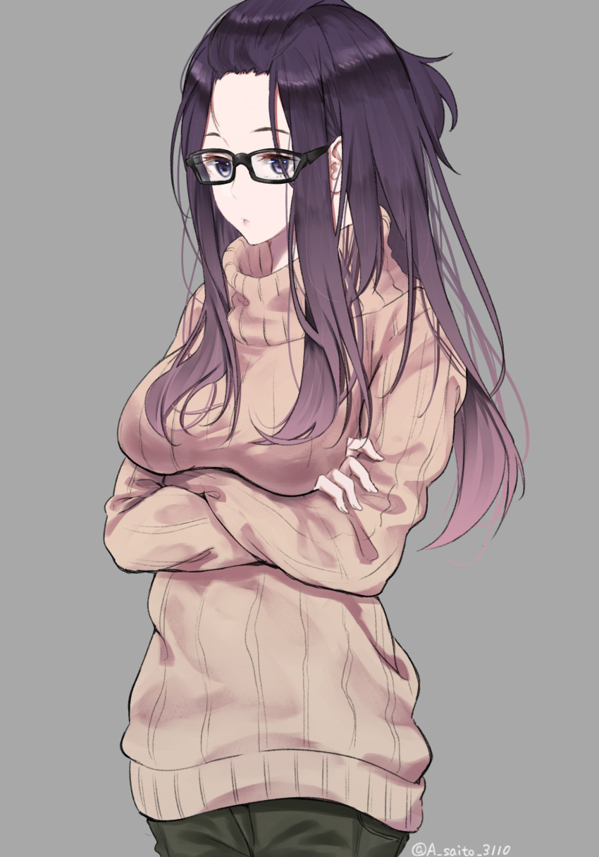 1girl bangs_pinned_back black-framed_eyewear black_pants blue_eyes breasts brown_sweater commentary_request cowboy_shot crossed_arms glasses grey_background highres kagamihara_sakura long_hair long_sleeves medium_breasts pants parted_lips purple_hair ribbed_sweater saitou_(lynx-shrike) sidelocks simple_background solo standing sweater turtleneck turtleneck_sweater twitter_username yurucamp