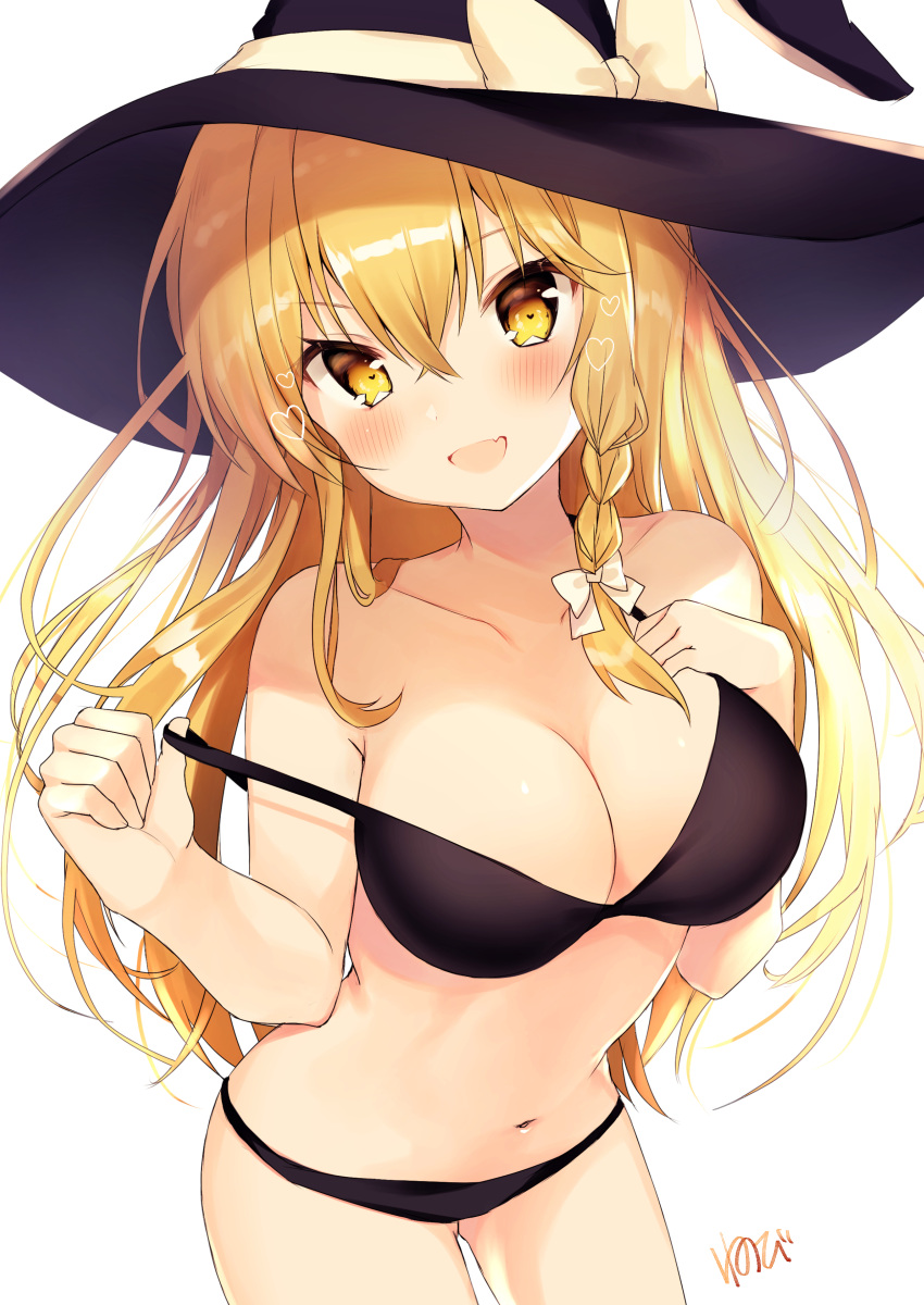 1girl absurdres alternate_breast_size bangs bare_shoulders bikini bikini_tug black_bikini black_bow blonde_hair blush bow braid breasts cleavage collarbone hair_bow hand_up hat hat_bow heart highres kirisame_marisa large_breasts long_hair looking_at_viewer navel nenobi_(nenorium) older open_mouth side_braid sidelocks signature simple_background smile solo stomach swimsuit touhou white_background witch_hat yellow_eyes
