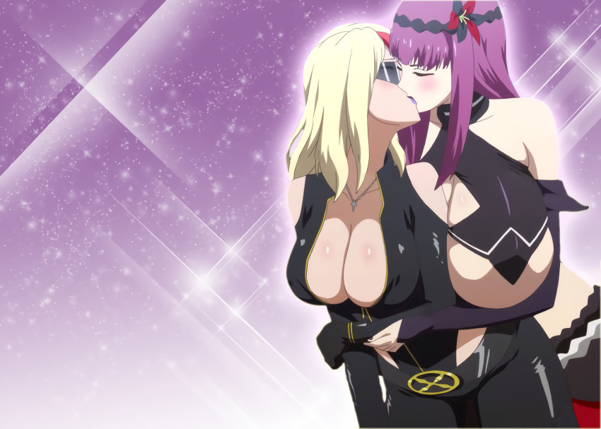 2girls absurdres blush breasts cleavage closed_eyes couple gloves hasumi_rain hasumi_rein highres hug jewelry kiss lady_j large_breasts lipstick makeup multicolored_hair multiple_girls nail_polish necklace purple_hair purple_lipstick simple_background spandex sparkle under_boob valkyrie_drive valkyrie_drive_-mermaid- yuri