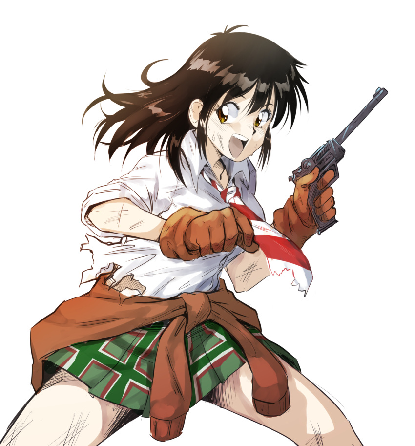 1girl 80s bichosan brown_eyes brown_gloves brown_hair clothes_around_waist coppelion cowboy_shot gloves green_skirt gun handgun highres jacket_around_waist long_hair looking_at_viewer miniskirt naruse_ibara necktie oldschool open_mouth pale_skin parody plaid plaid_skirt pleated_skirt scratches shirt skirt sleeves_rolled_up smile source_request striped striped_neckwear style_parody weapon white_background white_shirt