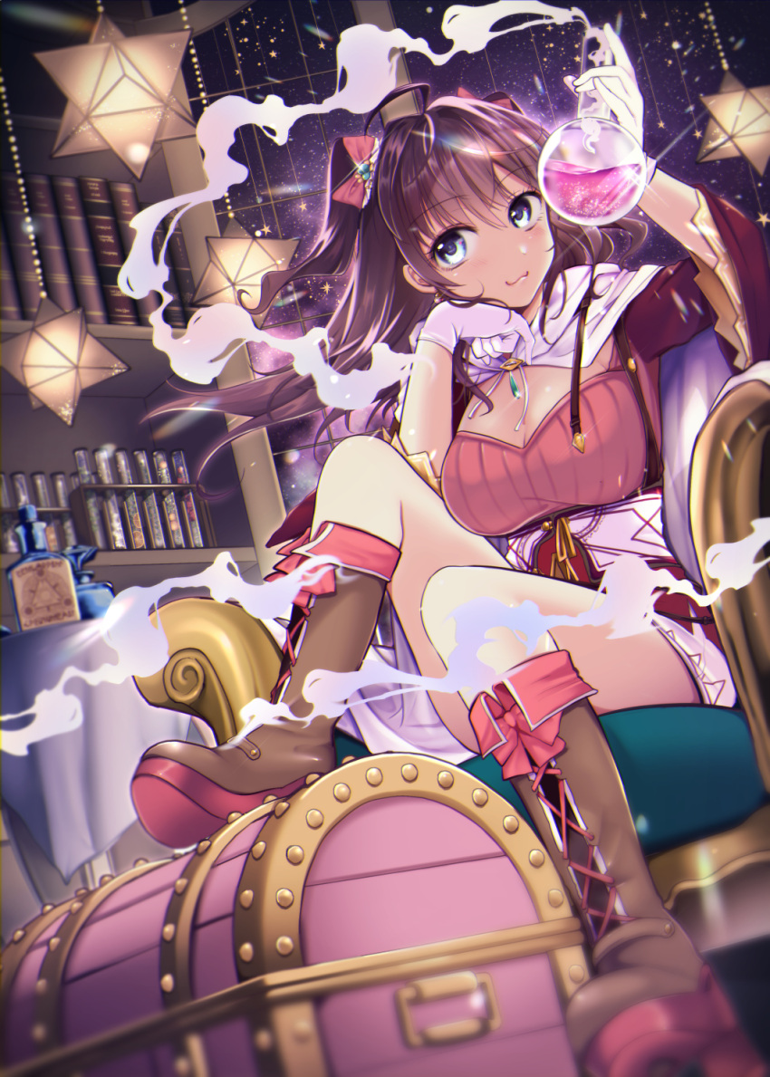 1girl :3 ahoge bangs blue_eyes book bookshelf boots breasts brown_hair brown_legwear cape chest cleavage commentary_request couch eyebrows_visible_through_hair flask gloves hair_between_eyes hair_ribbon head_rest highres holding_flask ichinose_shiki idolmaster idolmaster_cinderella_girls indoors looking_at_viewer medium_breasts morita_gurutamin ribbon sitting smoke solo star table two_side_up wavy_hair wavy_mouth white_gloves