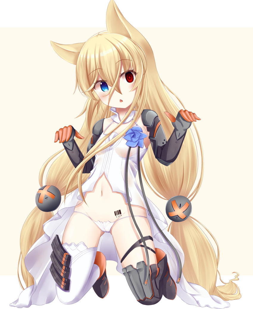1girl animal_ears ass_visible_through_thighs babydoll bangs barcode_tattoo black_footwear blonde_hair blue_eyes blue_flower blush breasts chestnut_mouth commentary_request eyebrows_visible_through_hair flower g41_(girls_frontline) girls_frontline groin hair_between_eyes head_tilt heterochromia highres kneeling long_hair low-tied_long_hair low_twintails minakami_mimimi navel open_mouth panties pink_background prosthesis prosthetic_arm prosthetic_leg red_eyes simple_background single_thighhigh small_breasts solo stomach tattoo thigh-highs twintails underwear very_long_hair white_legwear white_panties