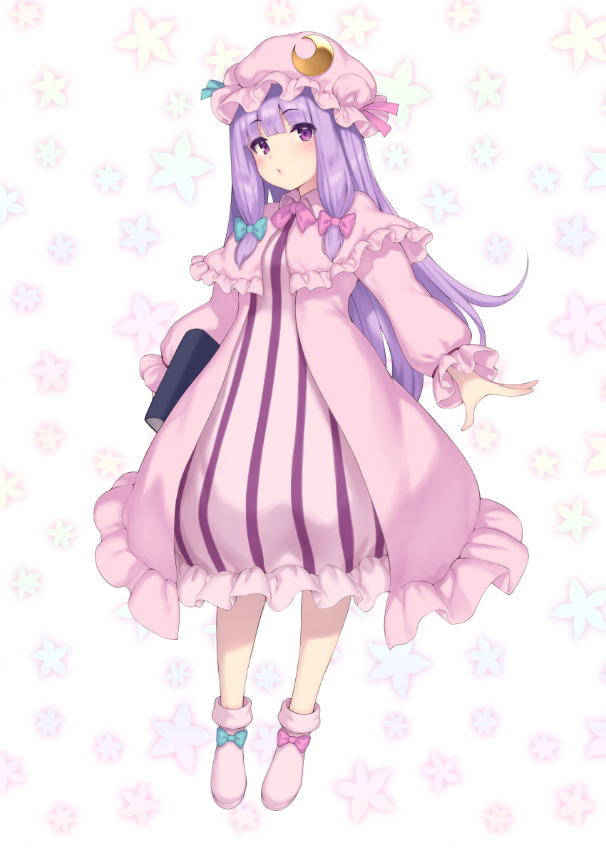 1girl absurdres bangs blue_bow blunt_bangs blush book bow capelet closed_mouth commentary_request crescent dress floral_background frilled_capelet frilled_dress frilled_sleeves frills full_body hair_bow hat hat_ribbon highres holding holding_book long_hair long_sleeves looking_at_viewer mob_cap patchouli_knowledge pink_bow pink_dress pink_footwear pink_hat pokachu puckered_lips purple_hair ribbon shoe_bow shoes sidelocks solo standing striped striped_dress touhou very_long_hair violet_eyes
