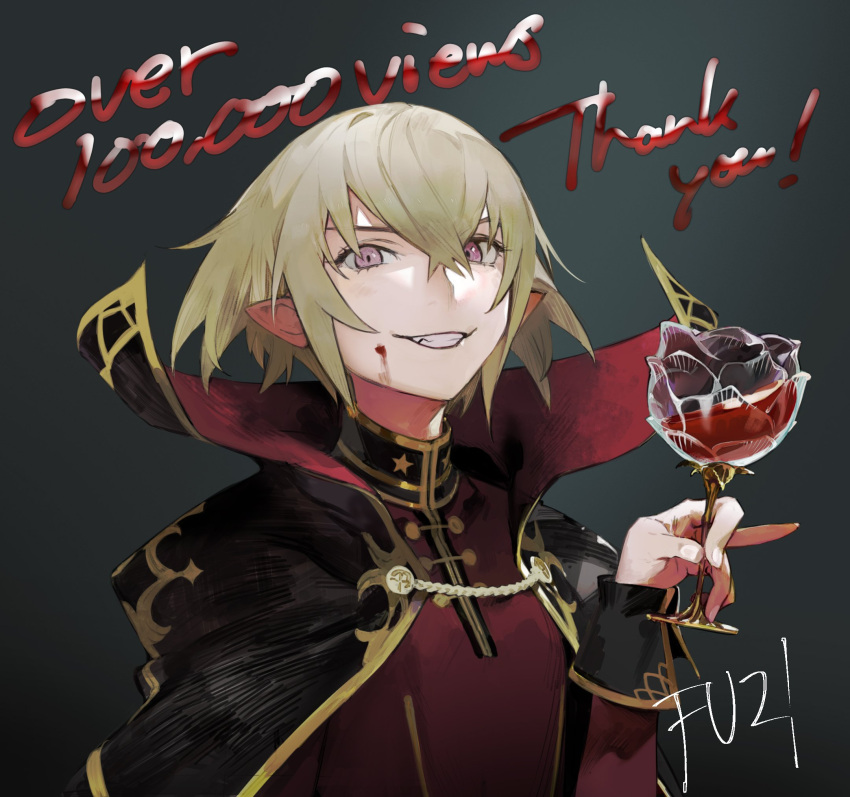 1girl blonde_hair blood blood_on_face cape cup flower fuzi1122 glass gradient gradient_background hair_between_eyes highres holding holding_cup original parted_lips pink_eyes pointy_ears rose sharp_teeth short_hair signature smile solo teeth turtleneck upper_body vampire