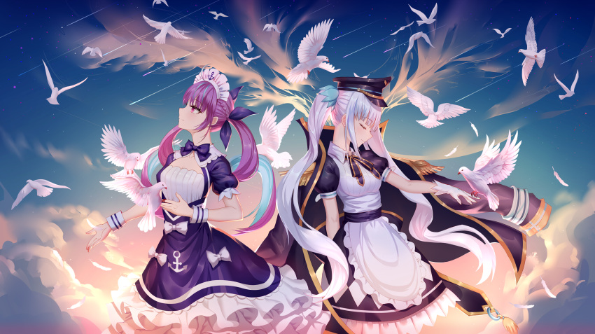2girls aaeru anchor_print animal apron aqua_hair backlighting bangs bird black_coat black_dress black_hat blue_sky breasts chinese_commentary closed_eyes closed_mouth clouds collared_dress commentary dove dress epaulettes feathers flock frilled_apron frilled_dress frills gloves hair_ribbon hat highres hololive jacket_on_shoulders kagura_mea kagura_mea_channel long_hair long_sleeves looking_up minato_aqua multicolored_hair multiple_girls peaked_cap pink_eyes profile purple_dress purple_hair ribbon short_sleeves sidelocks silver_hair sky smile streaked_hair sunlight twintails two-tone_hair very_long_hair virtual_youtuber wavy_hair white_apron white_gloves wrist_cuffs