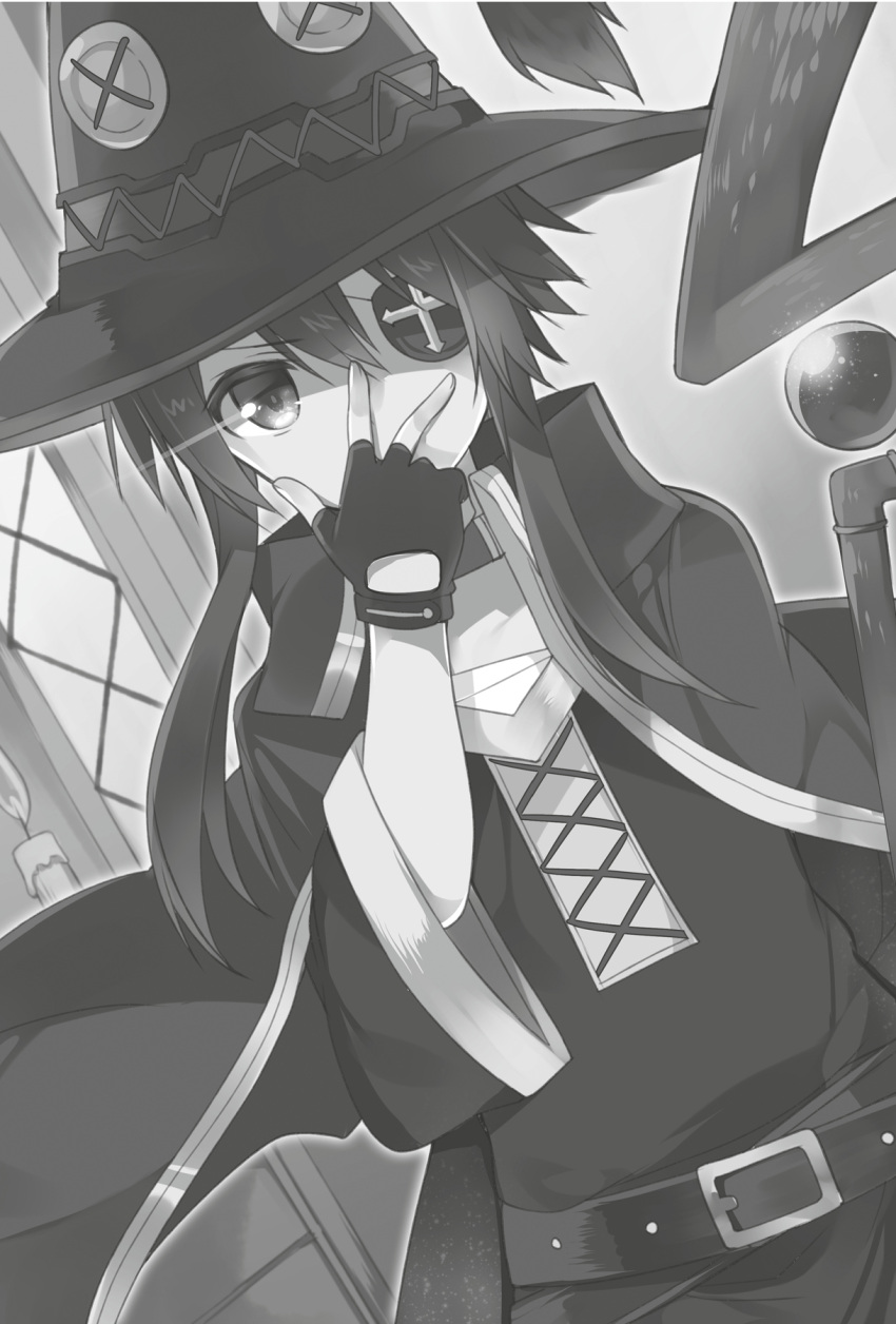 1girl belt candle collar covering_mouth dutch_angle eyebrows_visible_through_hair eyepatch fingerless_gloves gloves greyscale hair_between_eyes hand_over_own_mouth hat highres kono_subarashii_sekai_ni_shukufuku_wo! long_sleeves looking_at_viewer megumin mishima_kurone monochrome novel_illustration official_art solo staff upper_body witch_hat