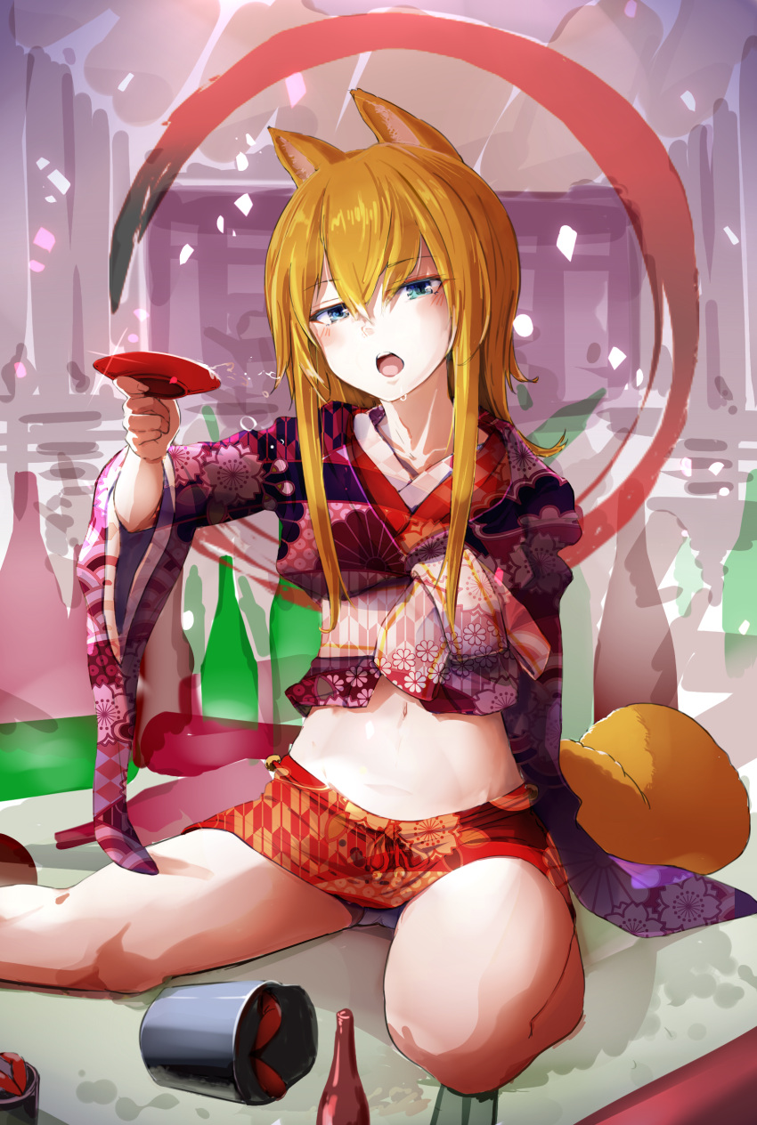 1girl 2018 absurdres animal_ears bangs bare_legs blush bottle chinese_zodiac collarbone commentary_request dog_ears dog_girl dog_tail eyebrows_visible_through_hair eyes_visible_through_hair floral_print hair_between_eyes half-closed_eyes highres holding japanese_clothes kimono light_blue_eyes light_brown_hair long_hair long_sleeves looking_at_viewer momo_(higanbana_and_girl) multicolored multicolored_clothes multicolored_kimono navel new_year open_mouth original pattern_request print_kimono sake_bottle sitting solo stomach tail unmoving_pattern wide_sleeves year_of_the_dog