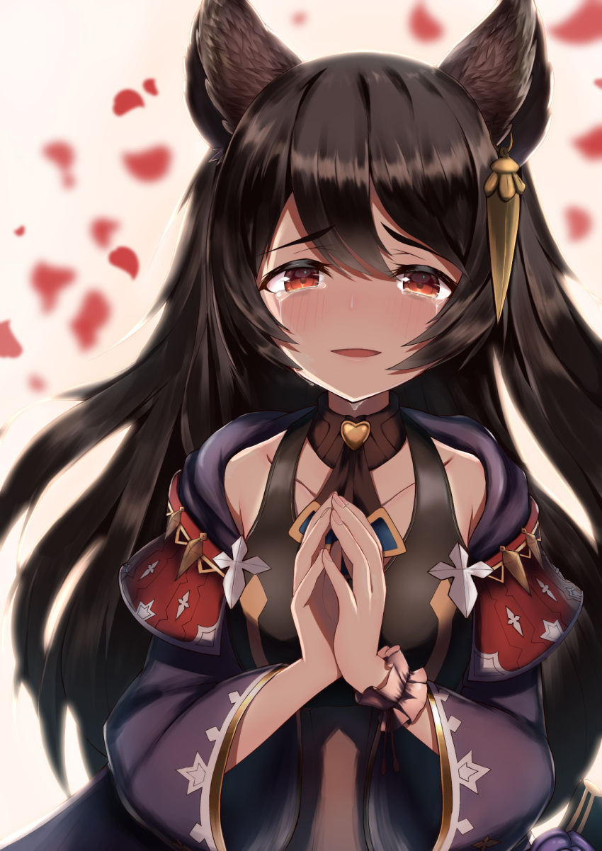 animal_ears bare_shoulders blush breasts brown_hair choker commentary_request crying earrings erune eyebrows_visible_through_hair falling_petals granblue_fantasy hair_between_eyes hands_together heart highres hisei hood hood_down jacket_on_shoulders jewelry long_hair long_sleeves looking_at_viewer niia open_mouth petals simple_background small_breasts smile tank_top tears white_background