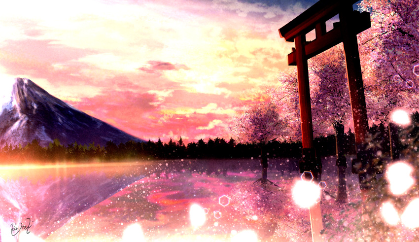 absurdres blurry bokeh clouds cloudy_sky commentary_request depth_of_field fantasy forest highres huge_filesize kumeki_(kk4615) lake light_particles mountain nature no_humans original outdoors reflection scenery signature sky torii tree water yellow_sky