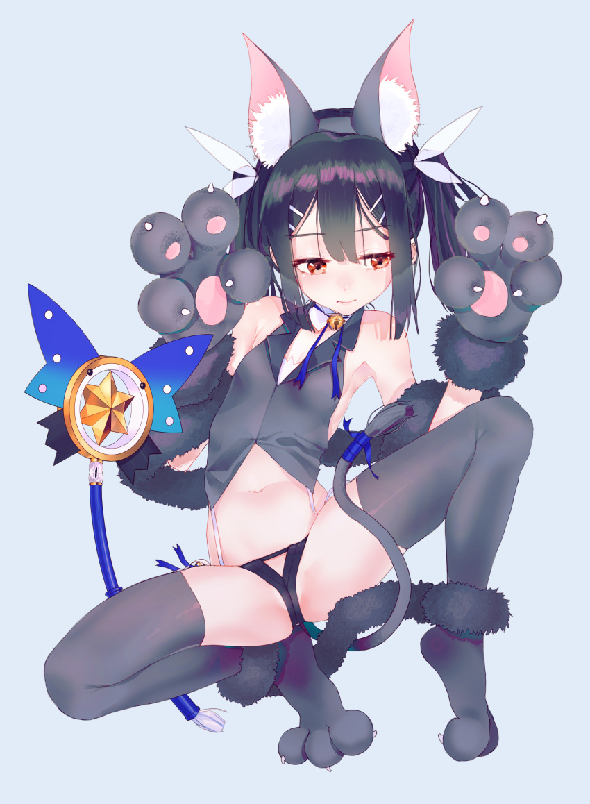 1girl absurdres animal_ears artist_request bangs bare_shoulders bell black_hair blush breasts brown_eyes cat_ears cat_paws cat_tail crop_top fate/kaleid_liner_prisma_illya fate_(series) feathers fur_trim gloves grey_gloves grey_legwear hair_feathers hair_ornament hairclip highres jingle_bell kaleidostick legs long_hair looking_to_the_side magical_sapphire miyu_edelfelt navel paw_gloves paw_shoes paws shoes simple_background small_breasts solo spread_legs tail thigh-highs thighs twintails wand