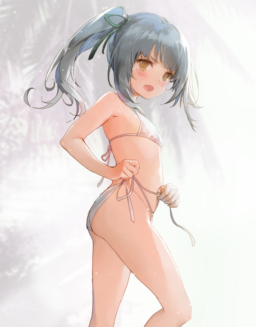 1girl 888myrrh888 :o ass bangs bikini blush commentary_request fang feet_out_of_frame flat_chest from_side green_ribbon hair_ribbon highres kantai_collection kasumi_(kantai_collection) long_hair looking_at_viewer looking_to_the_side open_mouth palm_tree ribbon side-tie_bikini side_ponytail silver_hair solo standing swimsuit tree untied untied_bikini untying v-shaped_eyebrows white_bikini yellow_eyes