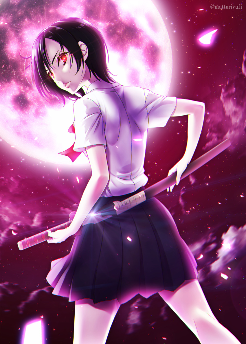 1girl ass black_hair blood+ bow commentary_request drawing_sword full_moon glowing glowing_eyes hair_between_eyes highres holding holding_sword holding_weapon katana legs_apart looking_at_viewer looking_back mattari_yufi moon night otonashi_saya pleated_skirt red_bow red_eyes red_moon scabbard sheath short_hair short_sleeves skirt solo standing sword twitter_username weapon