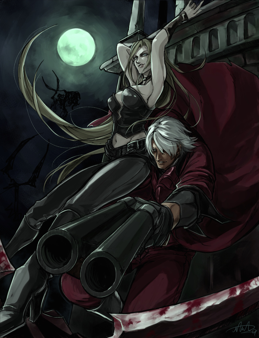 1boy 1girl armpits arms_up belt belt_buckle black_collar black_gloves black_legwear blonde_hair blood bloody_weapon blue_eyes boots buckle carrying_over_shoulder collar crack cracked_wall dante_(devil_may_cry) devil_may_cry floating gloves gun hand_on_hip high_heels highres holding holding_another holding_gun holding_weapon long_hair monster moon moonlight nama29_m navel parted_lips scissors short_hair shotgun signature silhouette skin_tight trish_(devil_may_cry) weapon white_hair