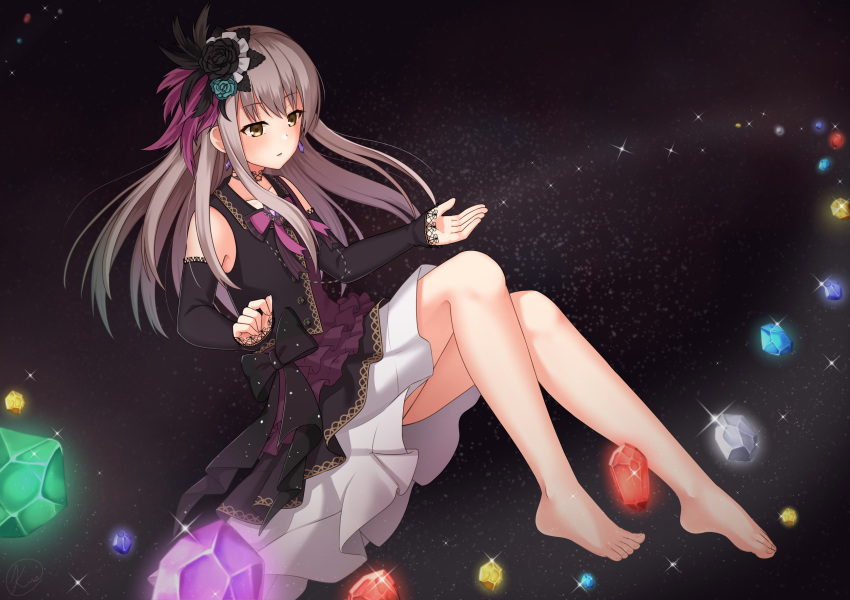 1girl bang_dream! bangs bare_shoulders barefoot black_background black_dress black_flower black_ribbon brooch choker closed_mouth collarbone commentary detached_sleeves dress earrings feathers flower frilled_dress frills full_body gem grey_hair hair_flower hair_ornament highres jewelry knees_up kurisu-kun long_hair long_sleeves minato_yukina neck_ribbon pink_neckwear ribbon sidelocks sleeves_past_wrists solo thighs yellow_eyes