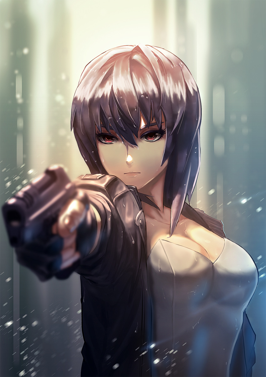 ctiahao fingerless_gloves ghost_in_the_shell ghost_in_the_shell_stand_alone_complex gloves gun highres jacket kusanagi_motoko pointing_weapon purple_hair rain red_eyes solo weapon