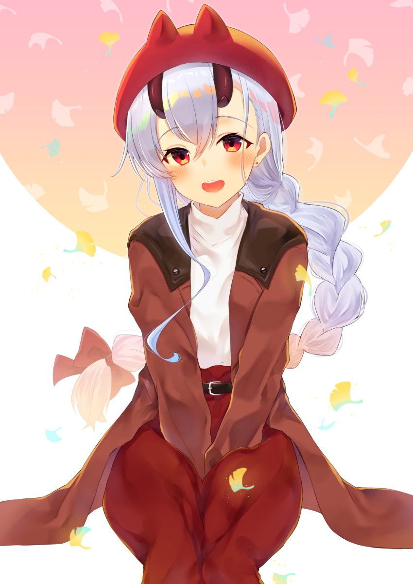 1girl :d bangs belt belt_buckle between_legs black_belt blush bow braid brown_coat buckle coat earrings eyebrows_visible_through_hair fate/grand_order fate_(series) gyozanuko hair_between_eyes hair_bow hand_between_legs hat highres horned_headwear horns jewelry long_hair long_sleeves looking_at_viewer oni oni_horns open_clothes open_coat open_mouth red_bow red_eyes red_hat red_skirt round_teeth shirt silver_hair single_braid sitting skirt smile solo stud_earrings teeth tomoe_gozen_(fate/grand_order) upper_teeth very_long_hair white_shirt