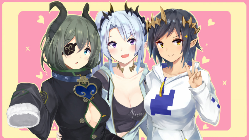 &gt;:) 3girls :d :o aqua_eyes arm_around_waist bangs black_hair black_shirt blue_hair blue_jacket blush breasts cleavage collar collarbone dark_skin drawstring eyebrows_visible_through_hair eyepatch fur-trimmed_sleeves fur_trim grey_hair heart high_collar honey_strap hood hood_down hoodie horns irohasu jacket large_breasts long_sleeves looking_at_viewer mole mole_under_eye multiple_girls no_bra one_eye_covered open_clothes open_jacket open_mouth parted_bangs partially_unbuttoned pink_background pointy_ears sekishiro_mico shimamura_charlotte shirt short_hair side_ponytail sleeves_past_fingers sleeves_past_wrists smile sougetsu_eli sparkle two-tone_background upper_body v violet_eyes yellow_eyes
