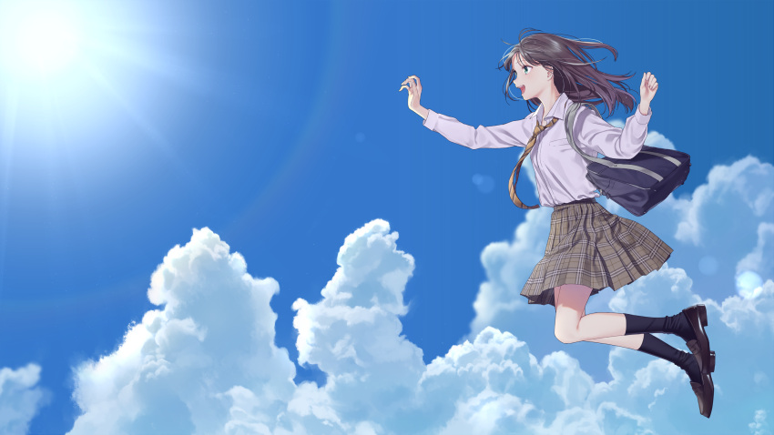 1girl aiko_(aiko_54) bag bangs black_hair black_legwear blue_sky brown_skirt clouds cloudy_sky collared_shirt commentary_request day eyebrows_visible_through_hair full_body green_eyes highres jumping loafers long_hair long_sleeves necktie open_mouth original outdoors plaid plaid_skirt pleated_skirt school_bag school_uniform shirt shoes shoulder_bag skirt sky smile socks solo white_shirt wing_collar yellow_neckwear