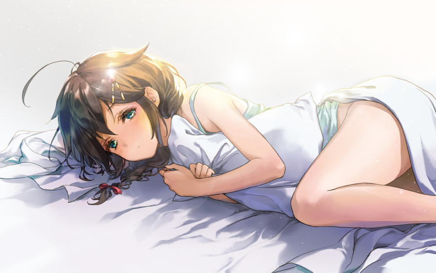 1girl 888myrrh888 ahoge bangs bed_sheet blanket blue_eyes blush braid brown_hair camisole commentary feet_out_of_frame hair_flaps hair_ornament hair_ribbon hairpin half-closed_eyes kantai_collection long_hair looking_at_viewer lying on_bed on_side pillow pillow_hug remodel_(kantai_collection) ribbon shigure_(kantai_collection) single_braid solo strap_slip