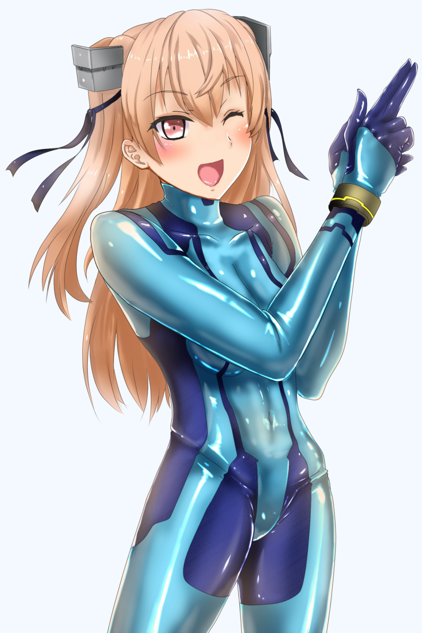 1girl absurdres alternate_costume bodysuit breasts brown_eyes commentary_request cosplay cowboy_shot finger_gun highres johnston_(kantai_collection) kantai_collection light_brown_hair long_hair looking_at_viewer medium_breasts metroid nintendo one_eye_closed open_mouth parazan_d samus_aran samus_aran_(cosplay) simple_background skin_tight smile solo standing twintails white_background zero_suit