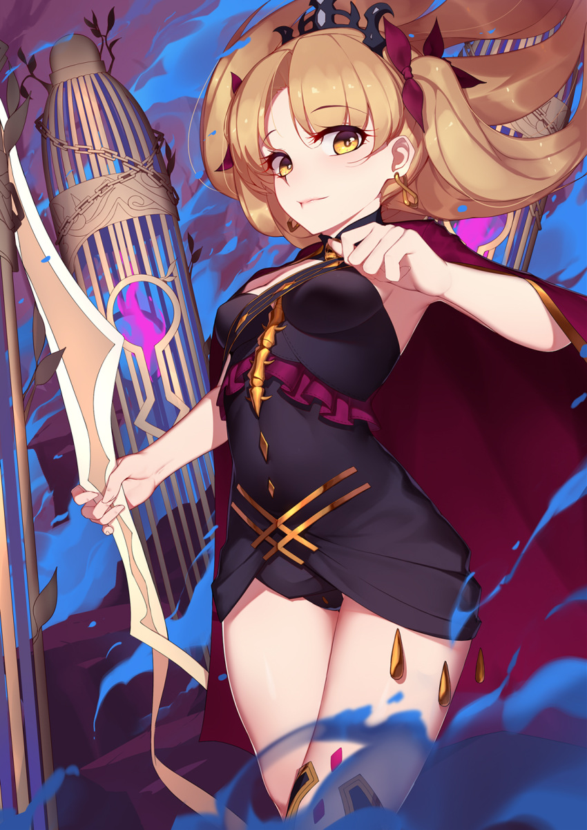 1girl blonde_hair breasts cage cape crown earrings ereshkigal_(fate/grand_order) fate/grand_order fate_(series) hair_ribbon highres holding holding_weapon jewelry langya_beike light_smile long_hair looking_at_viewer ribbon smile solo thigh-highs two_side_up weapon yellow_eyes
