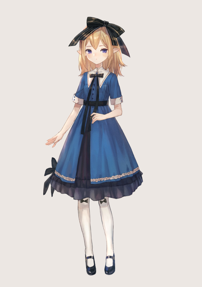 1girl arm_at_side black_bow black_footwear black_neckwear black_ribbon blonde_hair blue_dress blue_eyes blush bow closed_mouth commentary_request dress elf frilled_dress frills full_body grey_background hair_bow highres kobuta large_bow layered_dress looking_at_viewer mary_janes medium_hair neck_ribbon original pantyhose pointy_ears ribbon sash shoes short_sleeves simple_background solo standing white_legwear