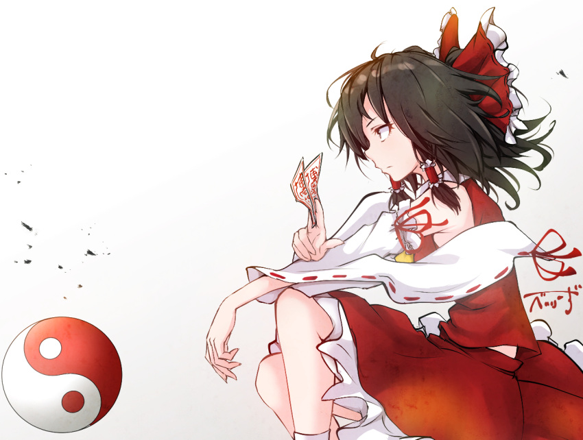 1girl baileys_(tranquillity650) bangs bow brown_hair detached_sleeves expressionless floating_hair from_side gradient gradient_background hair_bow hair_tubes hakurei_reimu holding japanese_clothes long_hair looking_afar miko ofuda red_bow red_skirt red_vest ribbon shirt sidelocks signature sitting skirt skirt_set socks solo touhou vest white_legwear wide_sleeves wind wind_lift