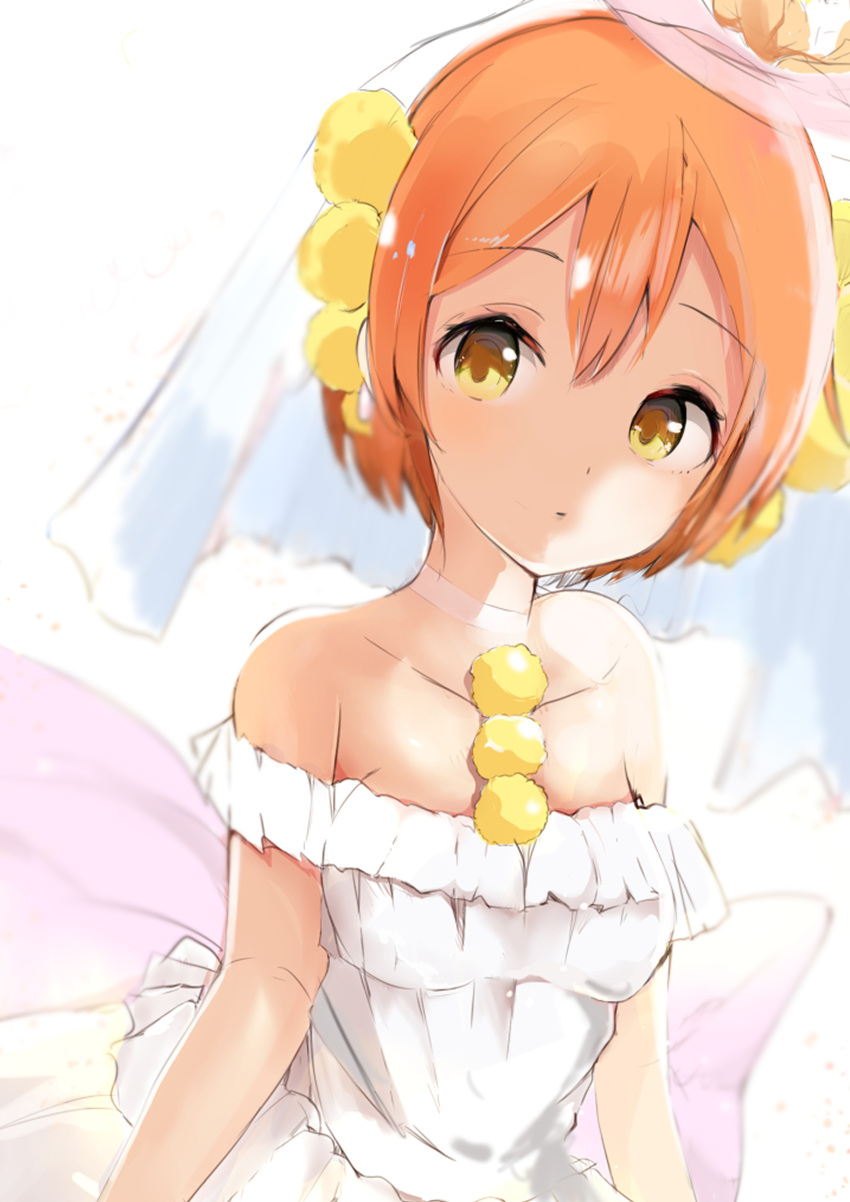 1girl :o absurdres bangs bare_shoulders breasts choker collarbone dress earrings hair_between_eyes hair_ornament highres hoshizora_rin jewelry looking_at_viewer love_live! love_live!_school_idol_project off-shoulder_shirt off_shoulder open_mouth orange_hair parted_bangs shirt short_hair simple_background sleeveless sleeveless_dress small_breasts solo sunya_(honorin-yuunibo) veil white_background white_dress yellow_eyes