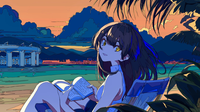 1girl bangs beach black_hair book chair city clouds cloudy_sky from_behind hair_between_eyes head_tilt highres holding holding_book horizon knees_up kogecha_(coge_ch) leaf long_hair looking_at_viewer looking_back mountain orange_sky original outdoors parted_lips plant road shirt shorts sitting sky sleeveless smile solo twilight yellow_eyes