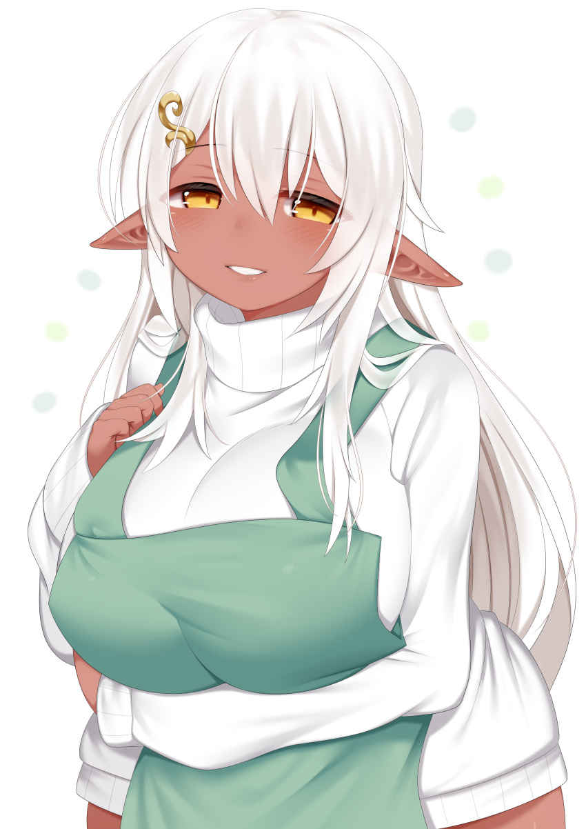 1girl absurdres apron blush breast_hold breasts curvy dark_elf dark_skin elf grin hair_ornament hairclip highres huge_breasts long_hair looking_at_viewer mofuaki original pointy_ears simple_background sleeves_past_wrists smile solo sweater very_long_hair white_hair white_sweater wide_hips yellow_eyes