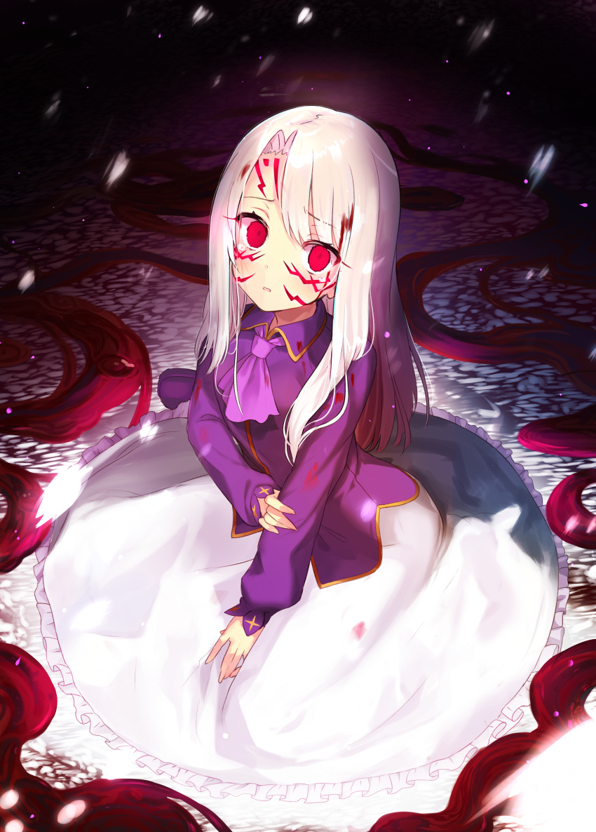 1girl absurdres ascot bangs command_spell commentary_request eyebrows_visible_through_hair facial_mark fate/kaleid_liner_prisma_illya fate/stay_night fate_(series) frilled_skirt frills glowing glowing_eyes highres illyasviel_von_einzbern long_hair long_sleeves looking_at_viewer miruto_netsuki pink_neckwear purple_shirt red_eyes shirt silver_hair sitting skirt sleeves_past_wrists solo tears very_long_hair white_skirt