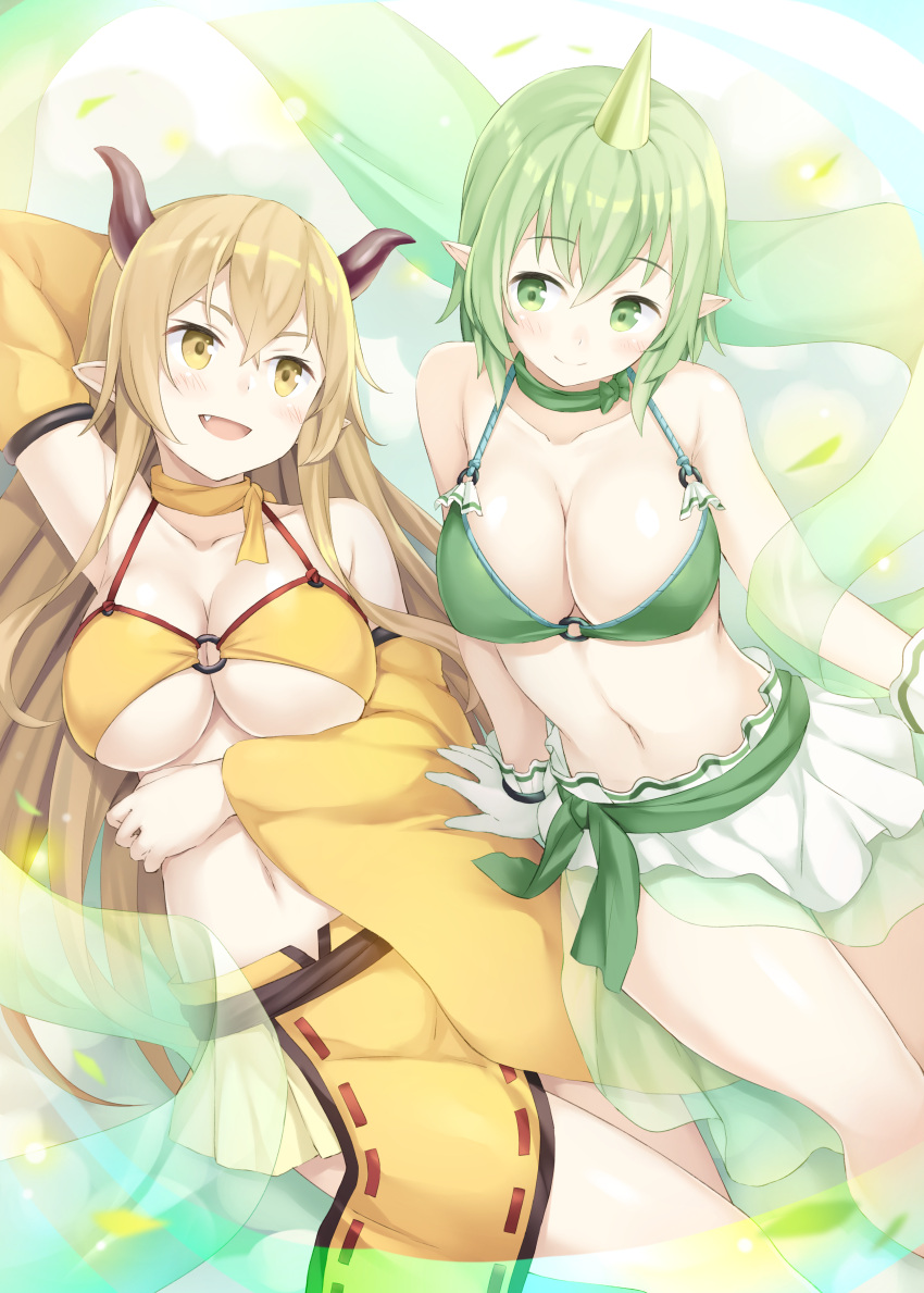 2girls :d absurdres arm_across_waist arm_behind_head arm_support arm_up armor armpits bangs bare_shoulders bikini_armor blonde_hair blush breasts choker collarbone detached_sleeves eyebrows_visible_through_hair fang from_above green_bikini_top green_eyes green_hair highres horn horns large_breasts loincloth long_sleeves miniskirt monmusu_harem multiple_girls namaru_(summer_dandy) navel o-ring o-ring_bikini o-ring_top open_mouth pointy_ears see-through shawl short_hair sitting skirt smile stomach straight_hair under_boob white_skirt wide_sleeves yellow_bikini_top yellow_choker yellow_eyes yellow_skirt