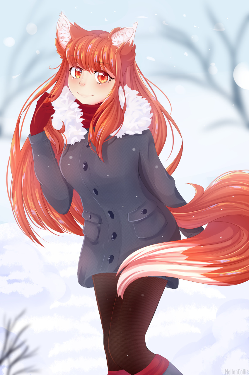 1girl animal_ears blush highres holo melloncollie-chan smile spice_and_wolf tail winter wolf