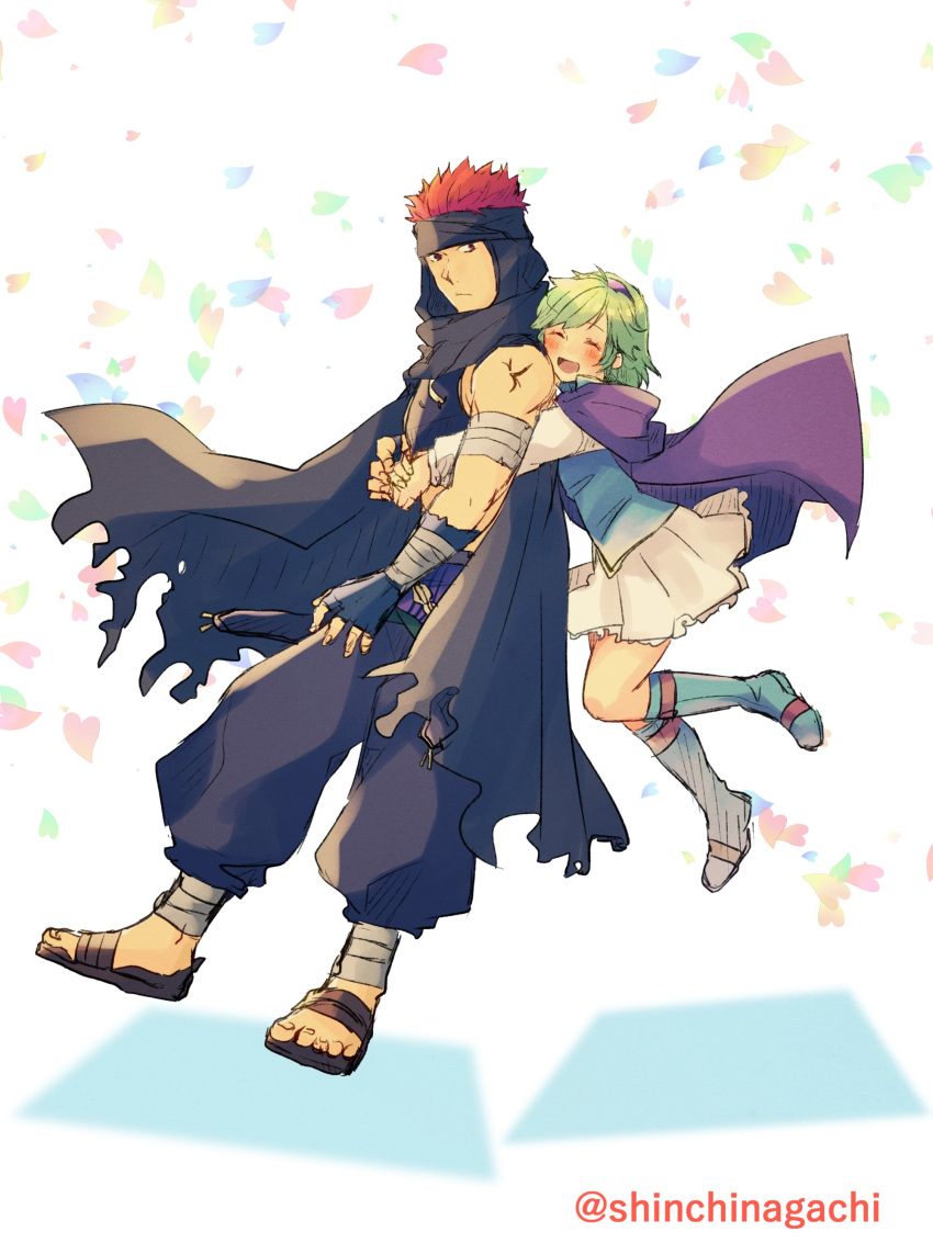 1boy 1girl absurdres bandage blue_eyes blush cape couple fingerless_gloves fire_emblem fire_emblem:_rekka_no_ken gloves green_hair hairband hetero highres hug jaffar_(fire_emblem) nino_(fire_emblem) nintendo nishimura_(nianiamu) open_mouth red_eyes redhead short_hair smile