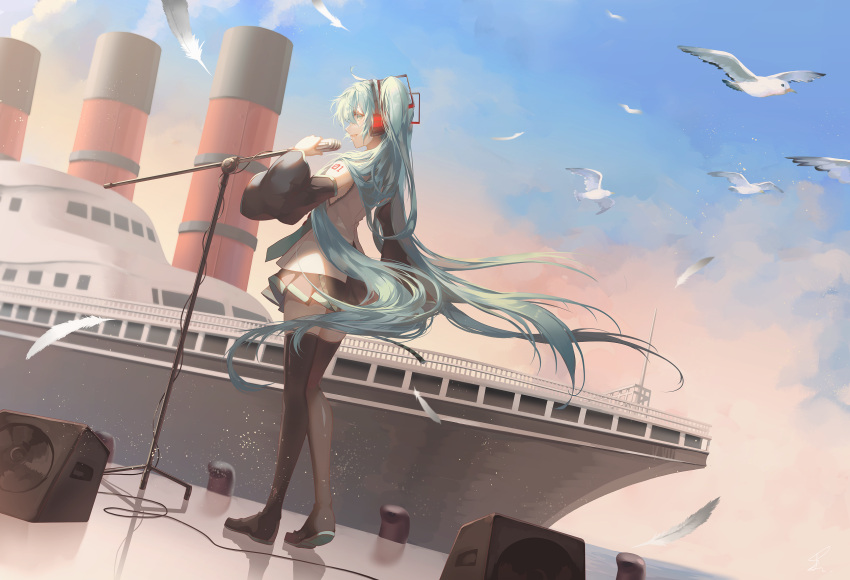 1girl ahoge aqua_hair aqua_neckwear bangs bird black_footwear black_legwear black_sleeves cable commentary_request cruiser day detached_sleeves from_side full_body gradient_sky green_eyes grey_shirt hair_between_eyes hatsune_miku headset highres long_hair long_sleeves microphone microphone_stand military military_vehicle miniskirt music necktie number_tattoo outdoors pier pleated_skirt profile reflective_floor saihate_(d3) seagull ship shirt shoulder_tattoo singing skirt sky solo speaker standing tattoo thigh-highs twintails very_long_hair vocaloid warship watercraft wide_sleeves zettai_ryouiki