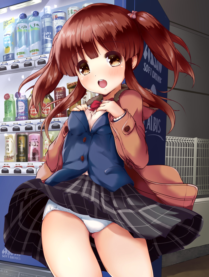 1girl ass_visible_through_thighs bangs black_skirt blue_vest blush bow bowtie breasts brown_coat brown_eyes brown_hair coat commentary_request eyebrows_visible_through_hair highres idolmaster idolmaster_cinderella_girls kuroba_aki long_hair looking_at_viewer ogata_chieri open_clothes open_coat open_mouth panties pink_sweater plaid plaid_skirt pleated_skirt red_neckwear round_teeth sidelocks skirt small_breasts solo sweater teeth twintails underwear upper_teeth vending_machine vest white_panties