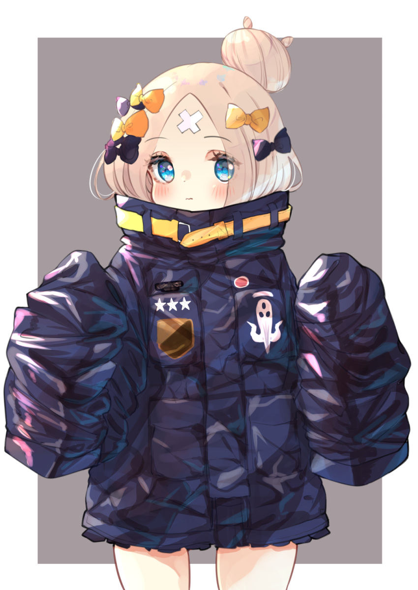 1girl abigail_williams_(fate/grand_order) agaki_anko bangs black_bow black_jacket blue_eyes blush bow closed_mouth crossed_bandaids eyebrows_visible_through_hair fate/grand_order fate_(series) grey_background hair_bow hair_bun hands_up heroic_spirit_traveling_outfit highres jacket light_brown_hair long_hair long_sleeves looking_at_viewer orange_bow parted_bangs sleeves_past_fingers sleeves_past_wrists solo star two-tone_background wavy_mouth white_background