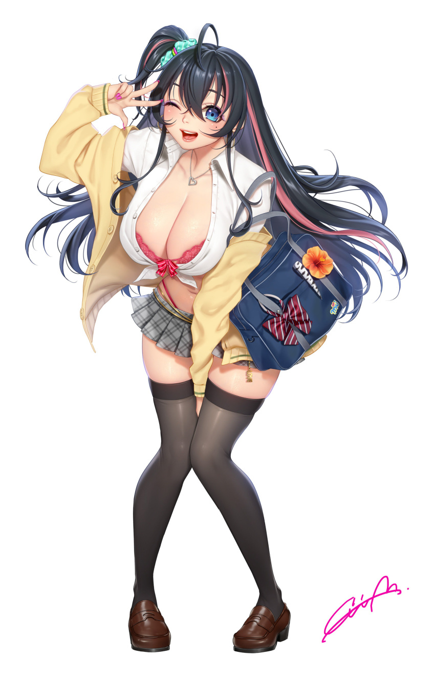 1girl absurdres bag black_hair blue_eyes bow bra breasts coat earrings eyeshadow flower hair_rings highres jewelry large_breasts lipstick makeup masami_chie mole mole_under_eye multicolored_hair nail_polish necklace one_eye_closed open_mouth original ribbon school_bag school_uniform shirt shoes side_ponytail skirt solo thigh-highs underwear w