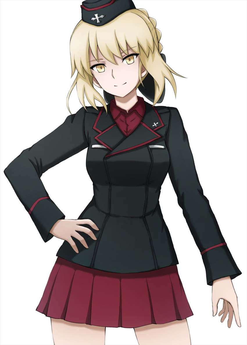 1girl artoria_pendragon_(all) bangs black_bow black_hat black_jacket blonde_hair bow braid closed_mouth commentary cowboy_shot dress_shirt emblem eyebrows_visible_through_hair fate/grand_order fate/stay_night fate_(series) garrison_cap girls_und_panzer hair_bow hat head_tilt highres jacket kuromorimine_military_uniform long_sleeves looking_at_viewer military military_hat military_uniform miniskirt omachi_(slabco) pleated_skirt red_shirt red_skirt saber_alter shirt short_hair simple_background skirt smile solo standing tied_hair uniform white_background yellow_eyes