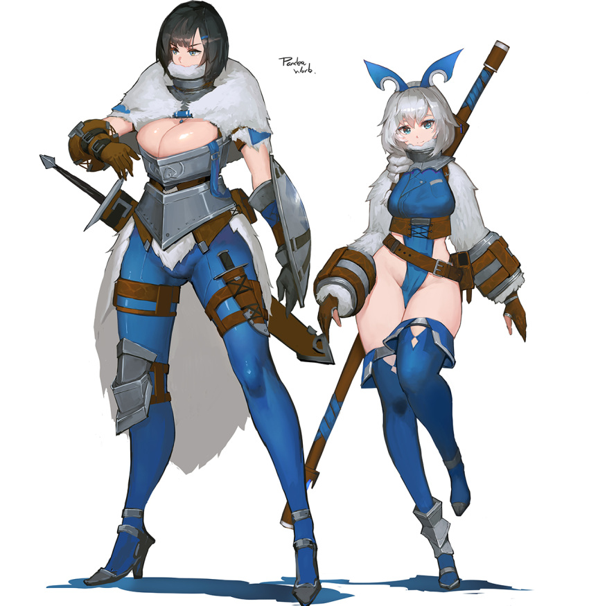 2girls blue_eyes blue_footwear blue_pants boots braid breasts brown_gloves bursting_breasts capelet cleavage commentary_request dagger fake_horns fantasy full_body fur-trimmed_sleeves fur_trim gloves gorget green_eyes hair_ornament hairclip height_difference high_heel_boots high_heels highres large_breasts medium_hair mole mole_under_eye multiple_girls neisa_(pandea_work) no_panties onean_(pandea_work) original pandea_work pants polearm revealing_clothes revision sheath sheathed short_hair shrug_(clothing) side_braid silver_hair single_braid single_knee_pad small_breasts smile sword the_elder_scrolls the_elder_scrolls_v:_skyrim thigh-highs thigh_boots thigh_gap thigh_strap tight tight_pants weapon weapon_on_back white_background