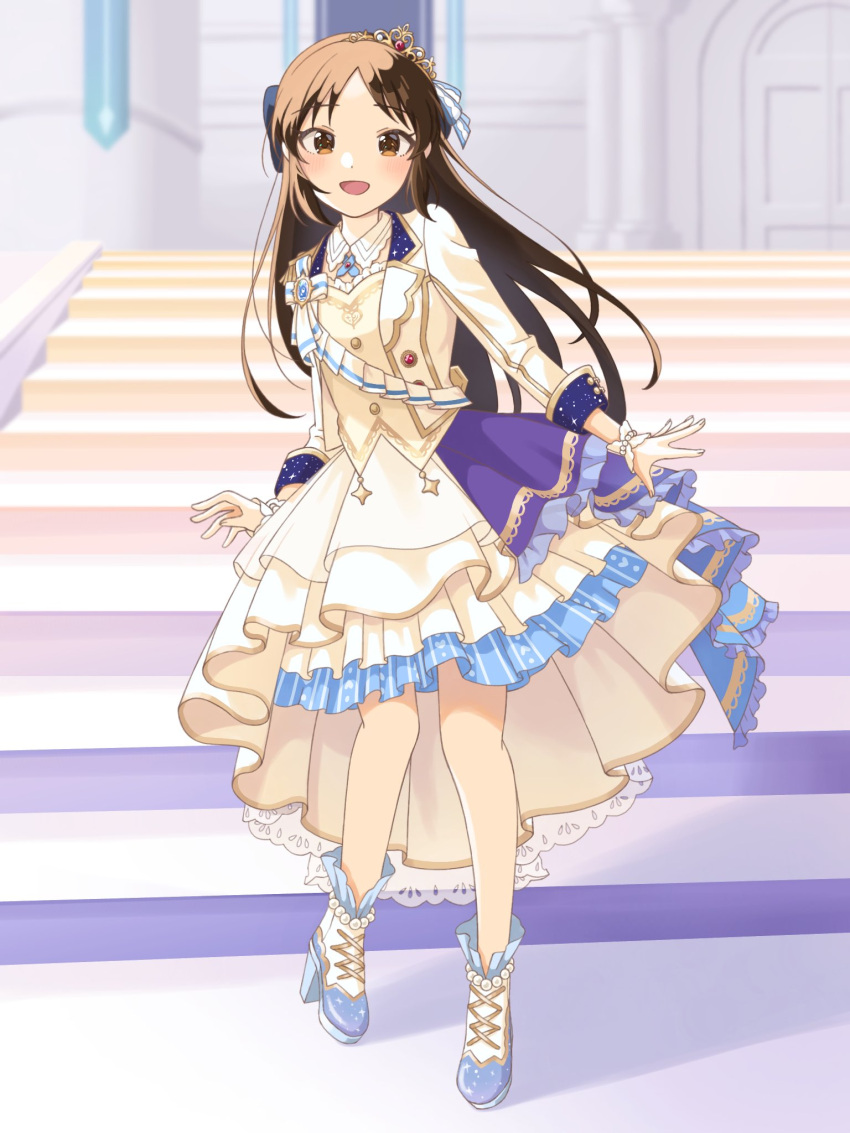 1girl :d black_hair blush dress eyebrows_visible_through_hair frilled_dress frills full_body highres idolmaster idolmaster_cinderella_girls jacket layered_dress looking_at_viewer open_clothes open_jacket platform_footwear platform_heels smile solo stairs straight_hair tachibana_arisu teakettle_hot tiara white_jacket wrist_cuffs