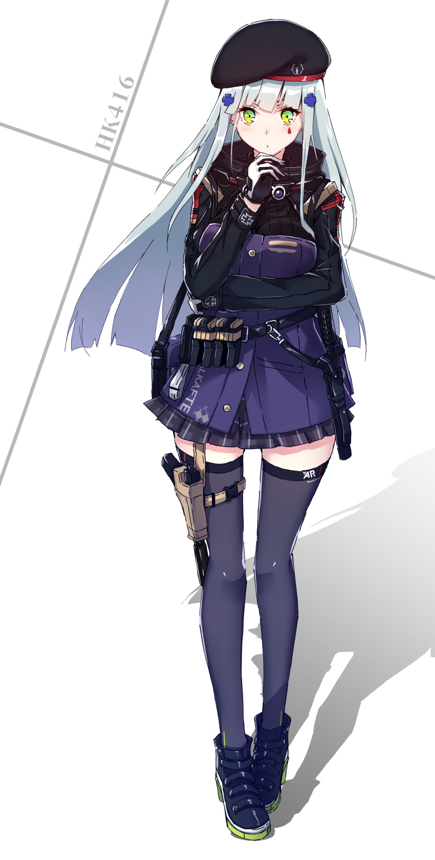 1girl absurdres ankle_boots bag bangs belt belt_pouch beret black_hat black_legwear blue_footwear blue_jacket blunt_bangs blush boots breast_hold breasts character_name closed_mouth clothes_writing dagger facial_mark flugel_(kaleido_scope-710) full_body girls_frontline gloves goggles goggles_around_neck green_eyes hair_ornament hand_on_own_chin hat highres hk416_(girls_frontline) holster jacket long_hair long_sleeves looking_at_viewer medium_breasts miniskirt pouch shadow sheath sheathed shoulder_bag silver_hair skirt solo standing straight_hair thigh-highs thigh_holster thigh_strap two-tone_background very_long_hair weapon white_background white_gloves zettai_ryouiki