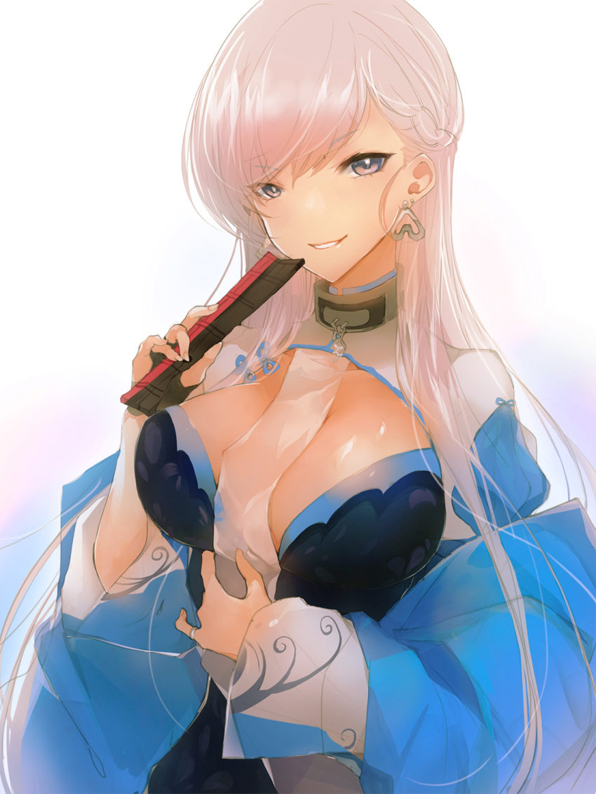 1girl adapted_costume azur_lane belfast_(azur_lane) blue_eyes braid breasts chinese_clothes cleavage closed_fan earrings fan folding_fan french_braid highres holding holding_fan jewelry large_breasts long_hair looking_at_viewer peanutc ring silver_hair smile solo upper_body