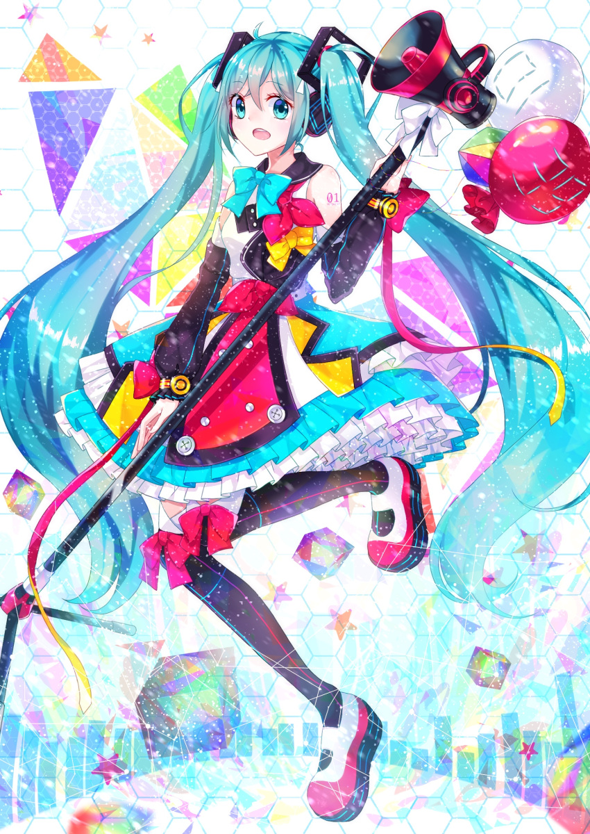 1girl aqua_bow aqua_eyes aqua_hair balloon black_legwear bow cube detached_sleeves hair_ornament hatsune_miku highres holding holding_staff long_hair long_sleeves looking_at_viewer magical_mirai_(vocaloid) megaphone neckwear nicolestar open_mouth red_bow skirt smile solo staff standing standing_on_one_leg thigh-highs twintails very_long_hair vocaloid yellow_bow
